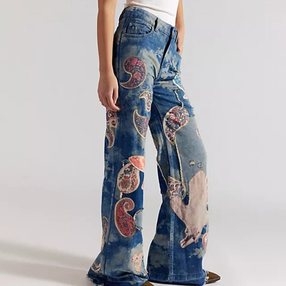 Free People Denim - Free People Blue Paisley Patchwork Flare Jeans